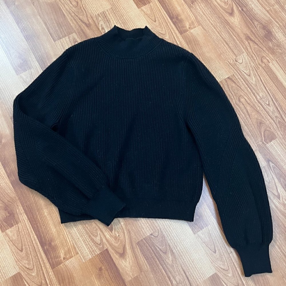 Zara Knit Black Cropped Puff Bishop Sleeve Sweater Sz S Small